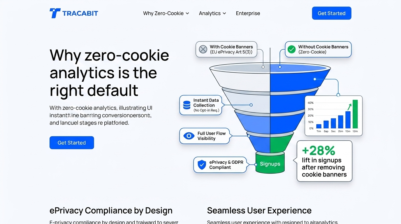 Zero-cookie analytics illustration with privacy shield and clean data lines