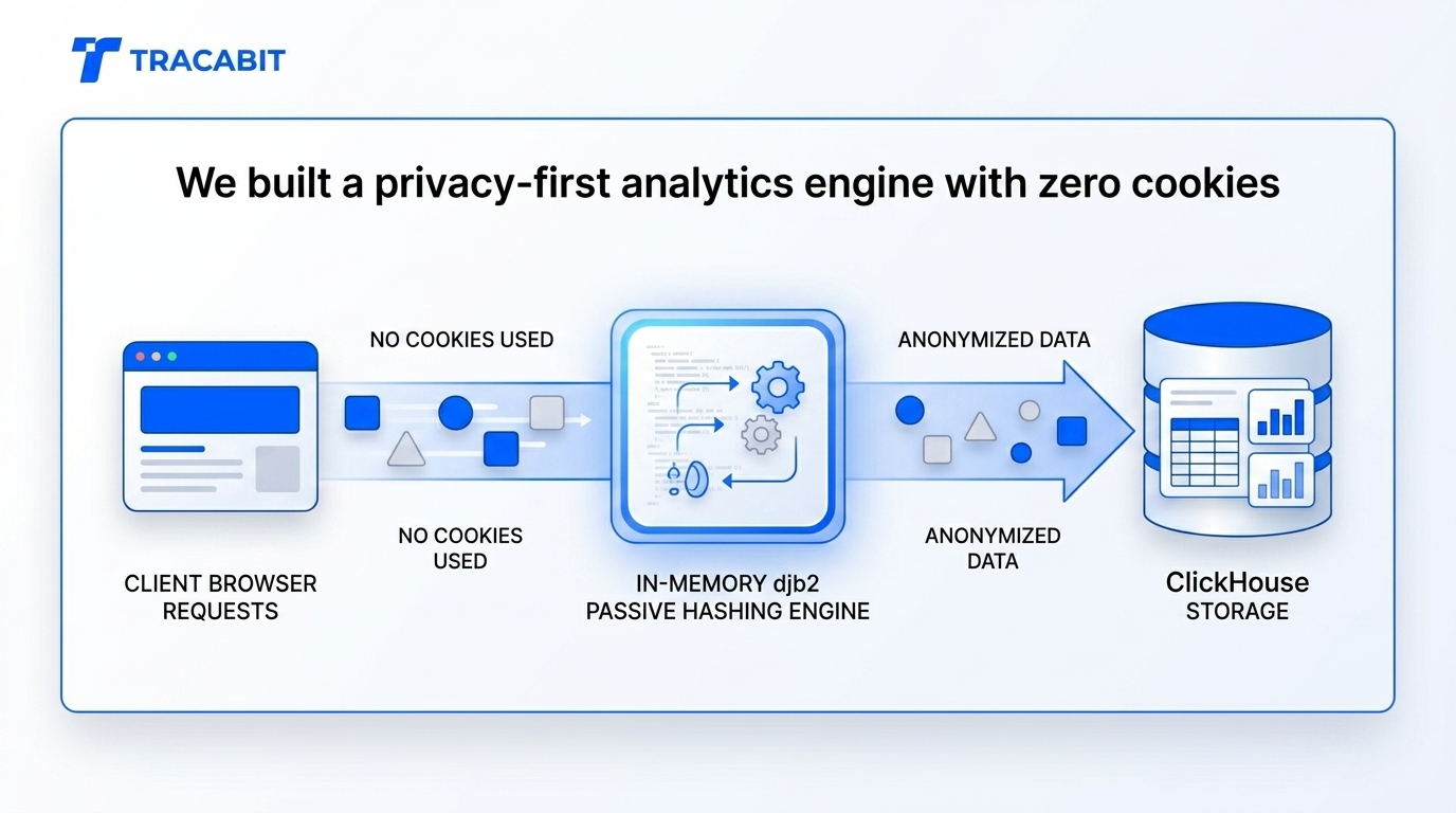 Privacy-first analytics blog hero illustration with data flow visualization, blue and white clean vector style