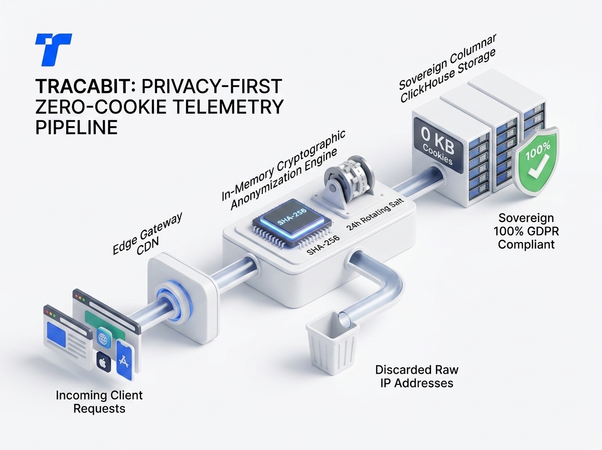 Privacy-first analytics architecture diagram showing zero-cookie data flow, anonymous session IDs, per-project API key authentication, clean geometric vector illustration in blue and white