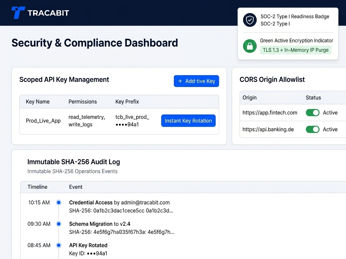 Fintech compliance panel showing API key rotation, CORS allowlist configuration, audit log timeline, enterprise security interface